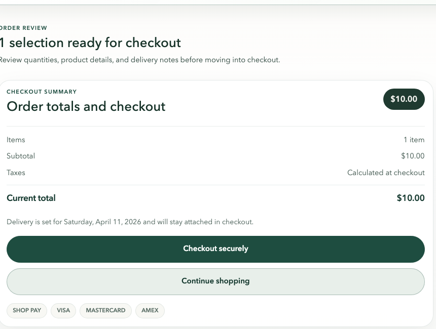 Maricopa Market cart page showing checkout summary and secure checkout button