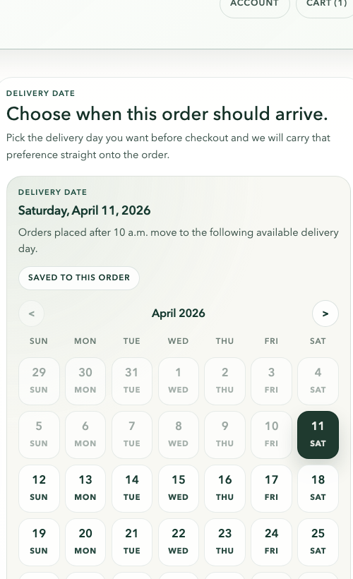 Maricopa Market cart page showing the delivery date selector